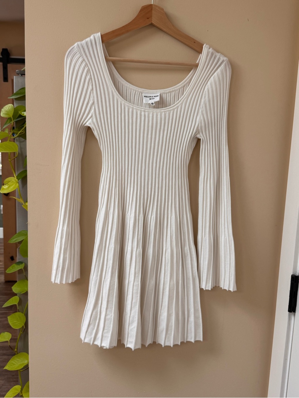 White Ribbed Long Sleeve Fit & Flare Dress